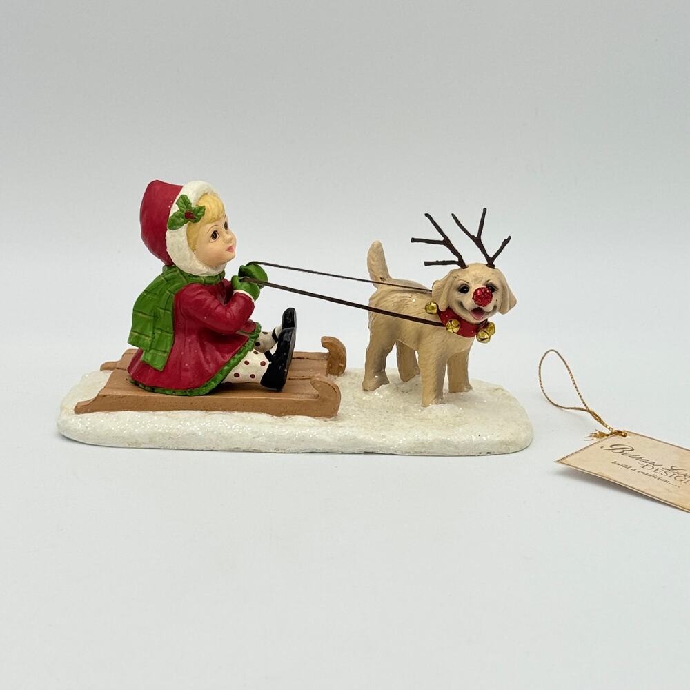 Bethany Lowe Clare With Reindeer Puppy Child Sledding Christmas Figurine NEW